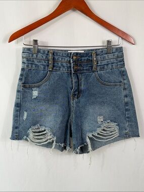 High-Rise Distressed Denim Jean Shorts - Blue. Womens Size M Inseam 3”. Waist 27